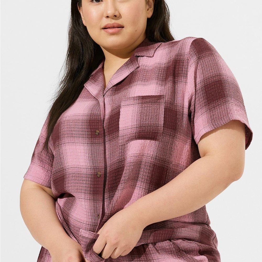 Torrid Gauze Button Through‎ Epic Plaid Short Sleeve Pocket Sleep Shirt Pink 0